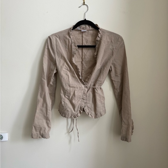 Vintage MNG Wool Tan Ruffle Trim Wrap Top - Size XS - Picture 1 of 6